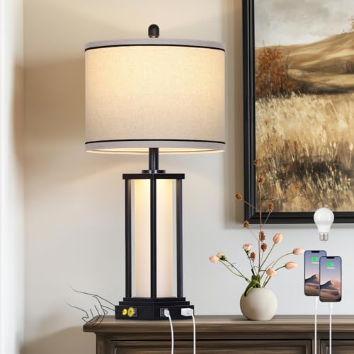27-Inch Vintage Farmhouse Table Lamp with USB-C+A Outlets, Nightlight - Black-1P