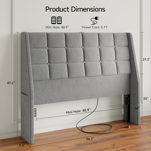 Full Size Wingback Headboard with Charging Station - Gray, Ergonomic & Storage