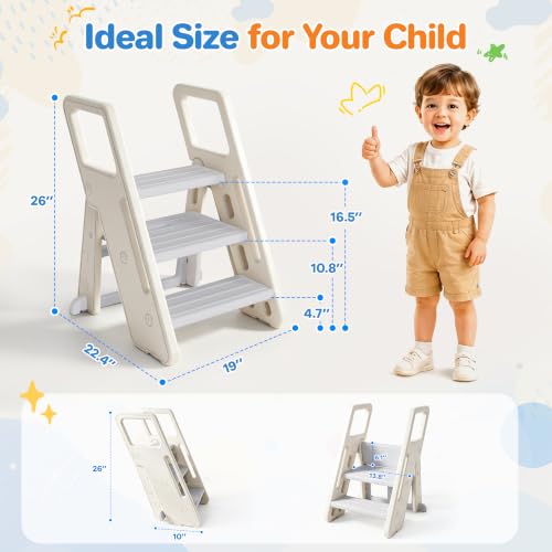 Foldable Toddler Step Stool with Handles - Adjustable 3-in-1 Kids Stool for Bathroom Kitchen and Bedroom