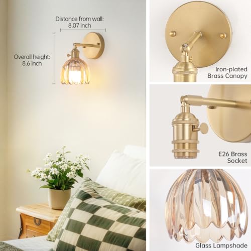 Vintage Battery Operated Wall Sconce Set - Amber Tulip Glass Lampshades, Remote Control, 2-Pack - Light Amber Variation