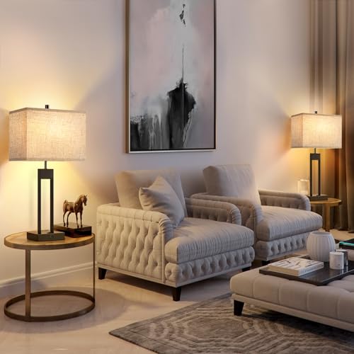 Nightstand Table Lamps Set of 2 - Black Modern Bedside Lamps with USB C+A, Color Change, Dimmable, Includes Bulbs
