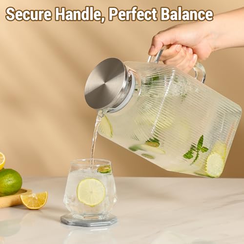 Snuvid 1 Gallon Square Classic Stripes Glass Pitcher with Lid - Vintage Style, Large Capacity, Dishwasher Safe, for Iced Tea & Beverages (Variation 1)