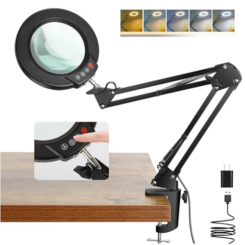 Black 10X Magnifying Glass with Light and Clamp - Stepless Dimmable LED Desk Lamp for Crafts, Reading, Jewelry, Sewing