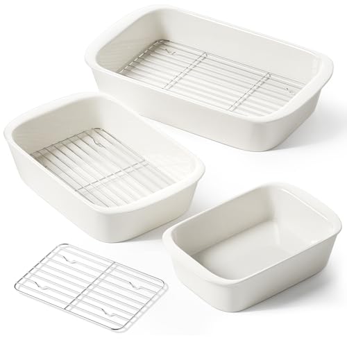 Ceramic Casserole Dish Set with Stainless Steel Racks - 3 Sizes, Oven Safe, White, Variation of THIS listing