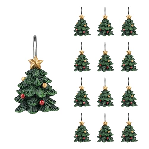 Christmas Tree Shower Curtain Hooks Set of 12 with Star - Holiday Bathroom Decor