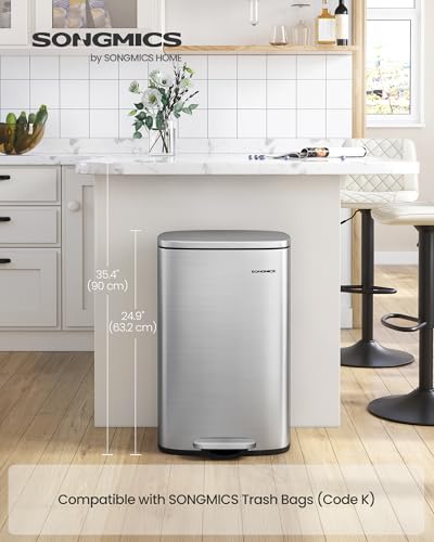 SONGMICS 13 Gallon (50 L) Trash Can, Stainless Steel, Step-On Pedal