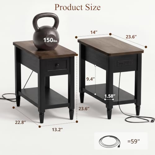 Foxemart Narrow Side Table with Charging Station, Black & Cracked Oak, 14-inch Wide