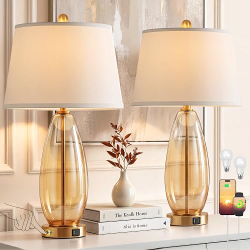 WIHTU 27-Inch Amber Glass Table Lamps Set of 2 with Touch Dimming & USB Ports