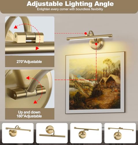 Brass Dimmable Wall Picture Light - 15.75 Inch Adjustable Swing Arm for Artwork