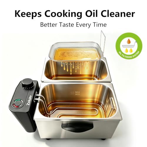 7.4QT Double Deep Fryer with 2 Baskets, 3000W Oil Filtration System