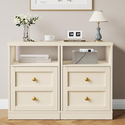 RoyalCraft Beige Nightstand Set of 2 - Modern Small End Tables with Storage Shelf and Faux Double Drawer, Bedroom Dorm Side Tables for Small Spaces