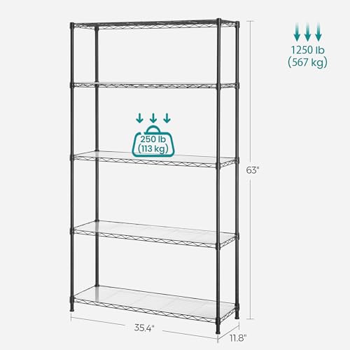 SONGMICS 5-Tier Adjustable Wire Shelving Unit with 8 Hooks, Ink Black