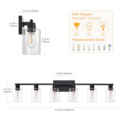 SOPEAS Black 6-Light Bathroom Vanity Light Fixture with Clear Glass Shades - Modern Wall Sconce