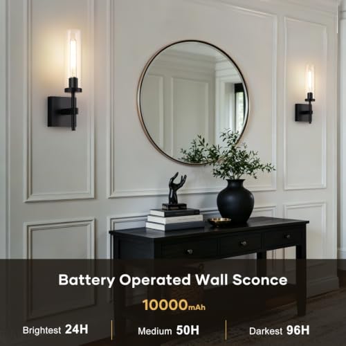 Rechargeable Wireless Wall Sconces Set of 2 with Remote Control - Matte Black & Clear Glass, 3000K Warm Light