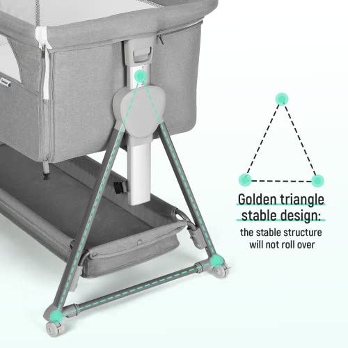 Cowiewie Pyramid Light Gray Baby Bedside Bassinet with 7-Position Height & Storage