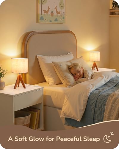 EDISHINE Small Tripod Bedside Table Lamp - Light Brown Wooden Design, 14.2 Inch, E26 Base