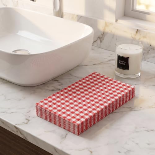 Wrapaholic Gingham Plaid Red 25Pcs 2-Ply Napkins - 4.3 x 7.9in Disposable Dining Towels