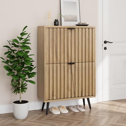Shoe Cabinet with Flip Drawers - 23.6 Inch Natural Storage Closet with Fluted Doors - Freestanding Entryway Organizer - Variation: 23.6 in (60 cm) / Natural With Flip Drawer