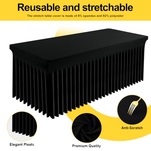 Elastic Fitted Table Cover and Skirt for 8FT Tables - Black, 96x30 Inches