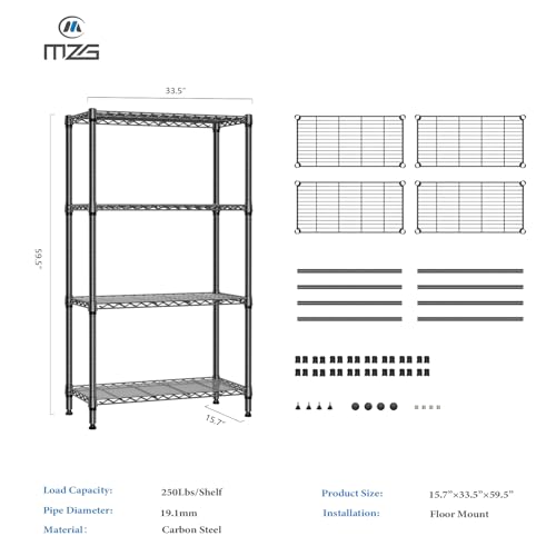 4-Tier Metal Storage Shelves - Heavy Duty Wire Rack for Garage, Kitchen, Bathroom, Black 15.7"D x 33.5"W x 59.5"H