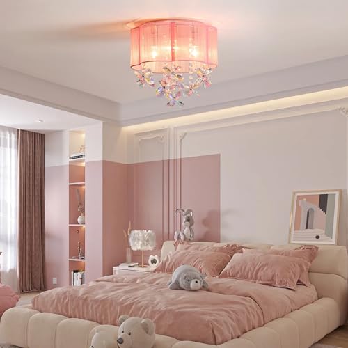 Pink Mini Chandelier Ceiling Light - 13-Inch Crystal Flush Mount with Handmade Flower Lampshade for Girls' Bedroom, Nursery, Dinning Room - Variation: Pink / 13" Ceiling