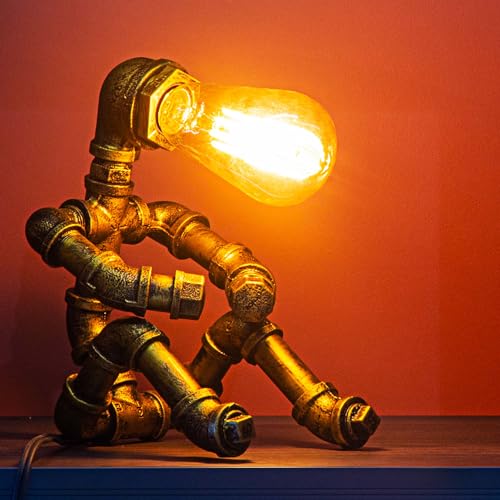 Steampunk Table Lamp with Robot Design - Vintage Industrial Water Pipe Desk Light - Bronze C