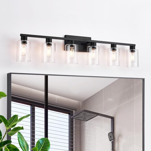 SOPEAS Black 6-Light Bathroom Vanity Light Fixture with Clear Glass Shades - Modern Wall Sconce