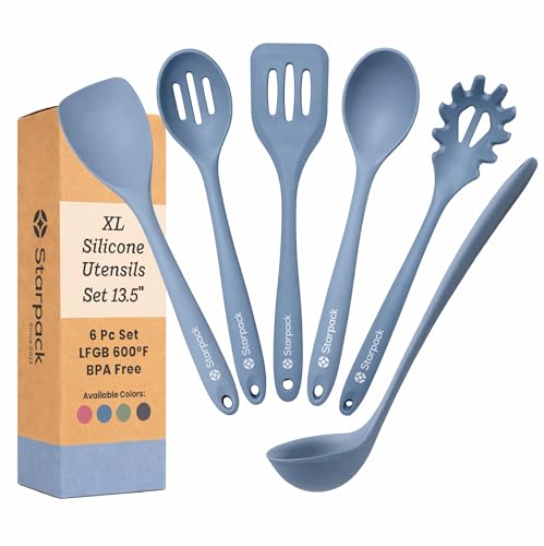 XL Silicone Cooking Utensils Set of 6 - 13.5 Inch Heat-Resistant & BPA-Free Light Blue