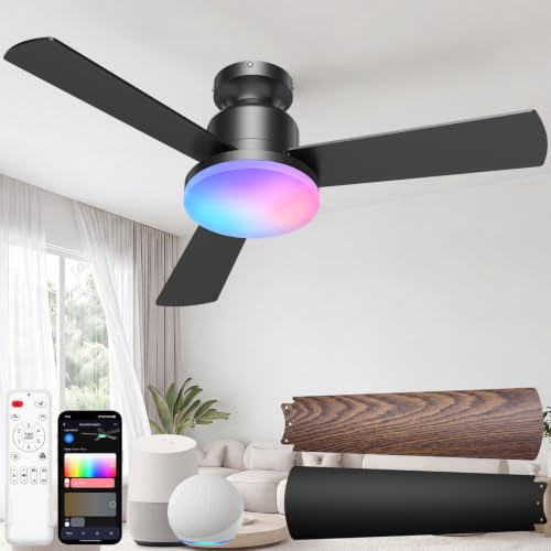 42-Inch Smart Ceiling Fan with Lights and Remote, Black + Walnut Finish, Low Profile