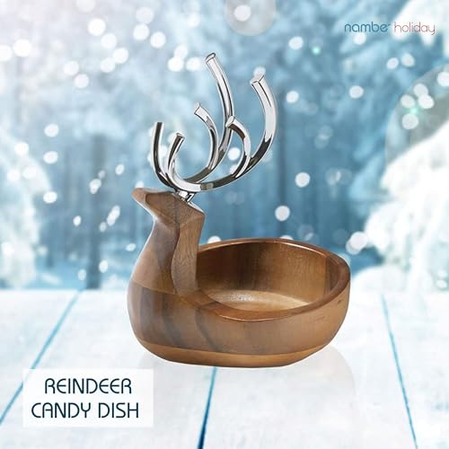 Nambe Reindeer Candy Dish - Holiday Figural Decor with Acacia Wood and Chrome Antlers
