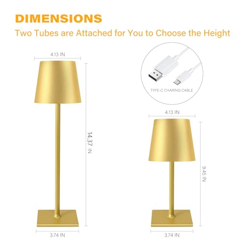 Cordless Table Lamp - 3 Light Modes, Stepless Dimming, Gold Finish, 5000mAh Rechargeable Battery, LED Desk Light for Bedroom & Dining