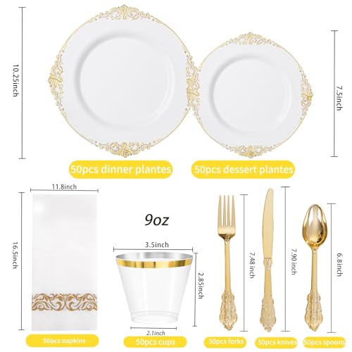 White and Gold Disposable Plates Set for Weddings and Events - 50 Pieces