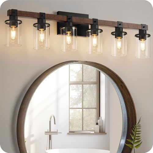 GOEBLESON 6-Light Bathroom Vanity Light Fixture with Glass Shades, Rustic Black & Brown