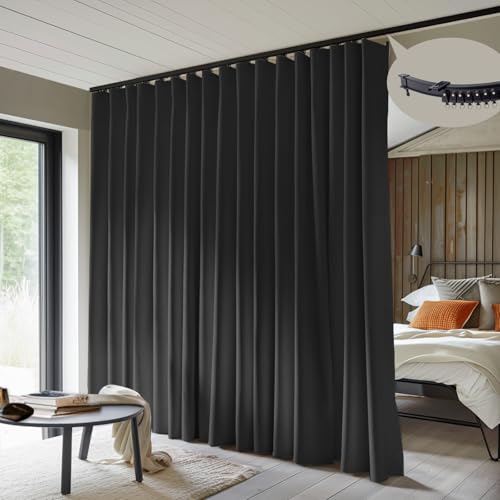 MaKefeile Blackout Room Divider Curtains with Ceiling Track Set - 100W x 84H in, Pack of 1, Black, Floor to Ceiling, Flexible Track for Windows & Room Dividers