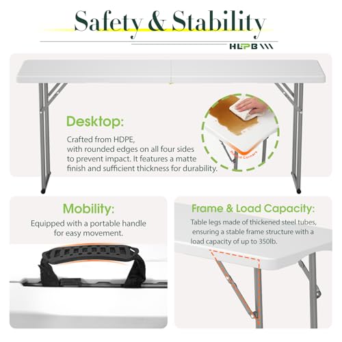 HLPB 6 ft Narrow Folding Table with Handle & Safety Lock - Space-Saving, Heavy-Duty