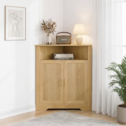 Smuxee Corner Bathroom & Kitchen Storage Cabinet with Fluted Door, Adjustable Shelves