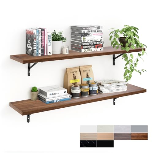 Walnut 45-Inch Long Floating Shelves Set of 2 - Deep Wall Mounted Open Storage