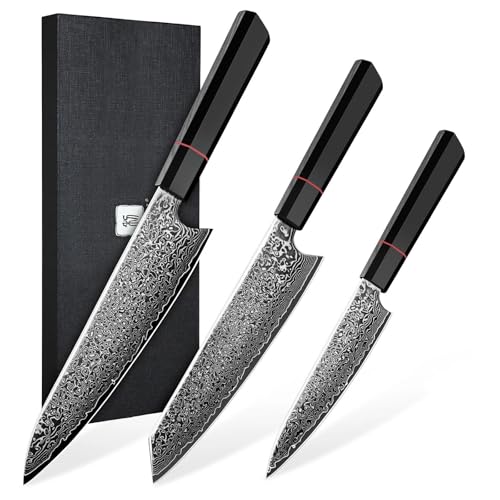 Damascus Knife Set 3 Pcs - VG10 Kitchen Knives with Octagonal Handles - 8.08"