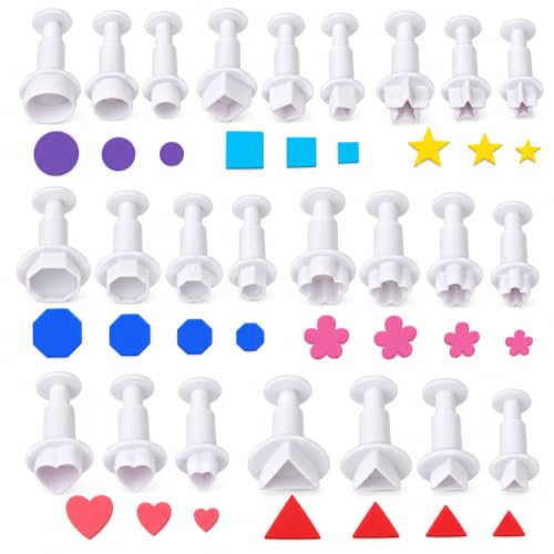 Crethinkaty 24pcs Fondant Plunger Cutters Set for Cake Decorating - Heart, Flower, Star, Geometric Shapes