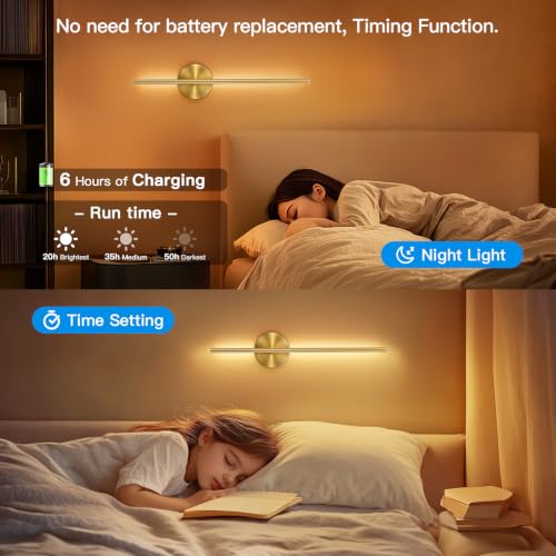 Gold Battery Operated Wall Sconces Set of Two - 24 Inch Wireless Modern Lighting