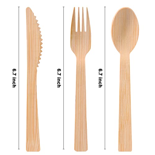 Aowutus 50-Pack Bamboo Cutlery Set with Napkins - Eco-Friendly Disposable Utensils for Party & Wedding