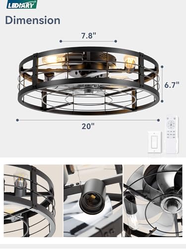 LEDIARY 20" Black Caged Low Profile Ceiling Fan with Light and Remote