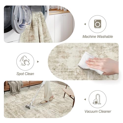 Large 8x10 Abstract Area Rug - Washable Beige & Gray Living Room Decor - Non-Slip, Pet-Friendly