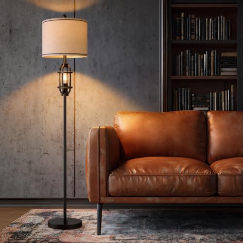 G-SAFAVA 62.5-Inch Industrial Black Floor Lamp with Linen Shade - Tall Standing Living Room Lamp with Dual Rotary Switch