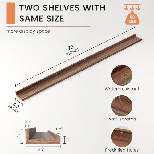 FLYJOE Walnut 72-Inch Long Floating Picture Ledge Shelf Set of 2 - Black Walnut Finish, Wall-Mounted, Minimalist Design