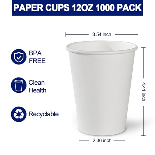 Clawsoff 12 oz White Disposable Coffee Cups 1000 Pack - Leak-Proof, Food Grade, Multi-Purpose