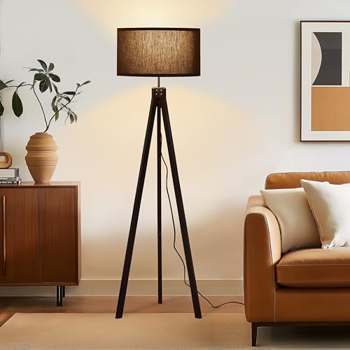 Dimmable Mid Century Tripod Floor Lamp with Solid Wood Legs - Black - Eden Variation