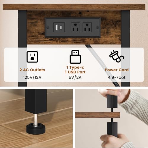 Rustic Brown Tall End Table with Charging Station - 30 Inch Nightstand with Storage