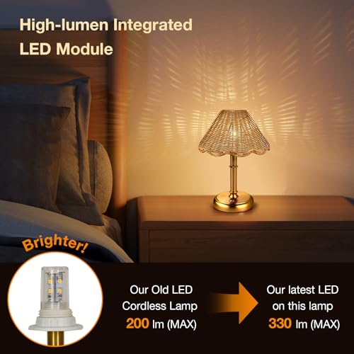 11-Inch Gold Mini Cordless Rattan Table Lamp with 5200mAh Battery - Dimmable Bedside & Dining Light