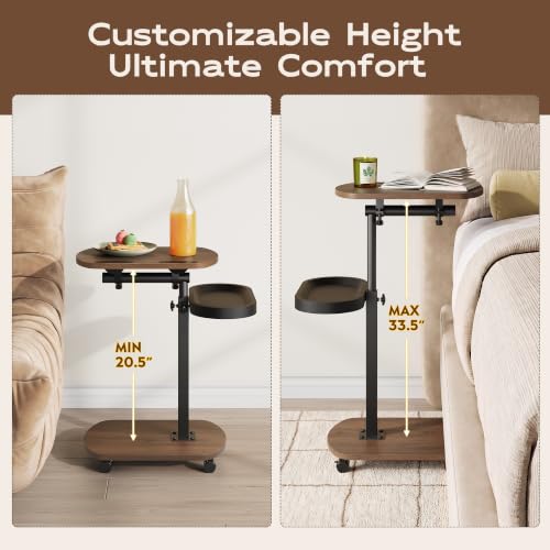 WLIVE C-Shaped End Table with Adjustable Height & Swivel Top - Dark Walnut